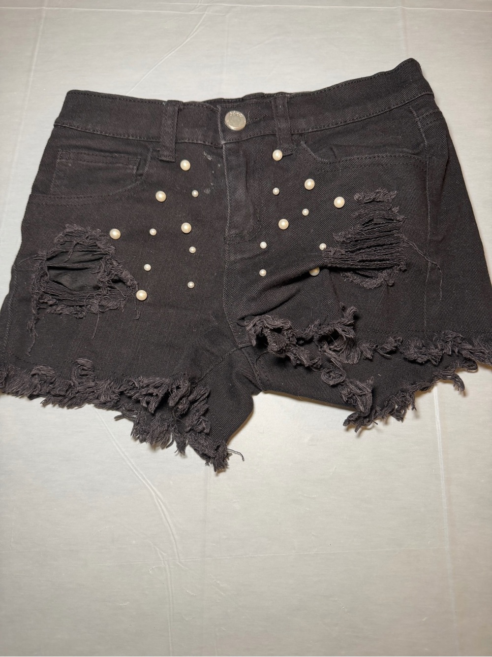 Pinc Girls Black Distressed Pearl-Studded Denim Shorts